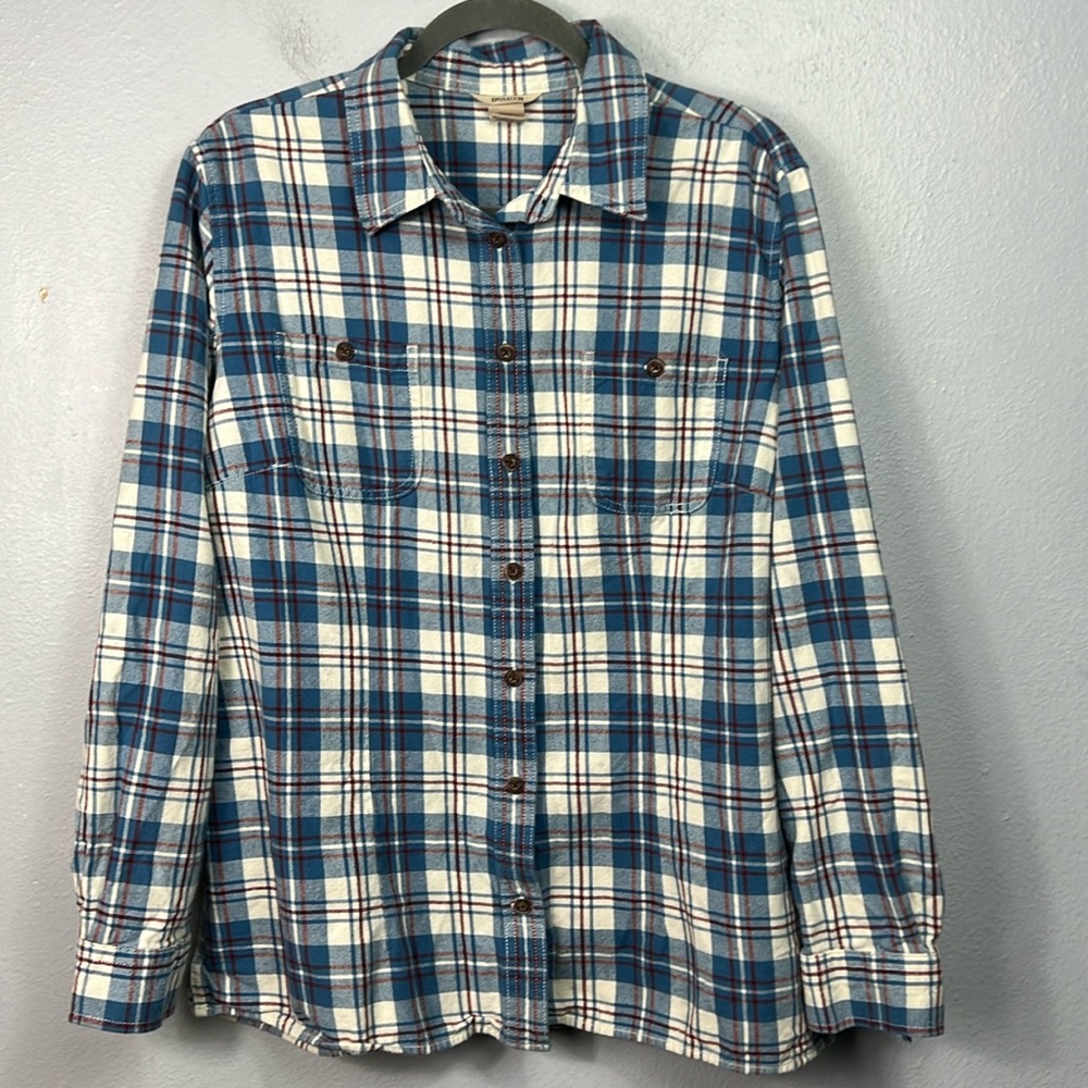Duluth Trading Co Flannel Blue & White Plaid Button Front Long Sleeve Shirt XL